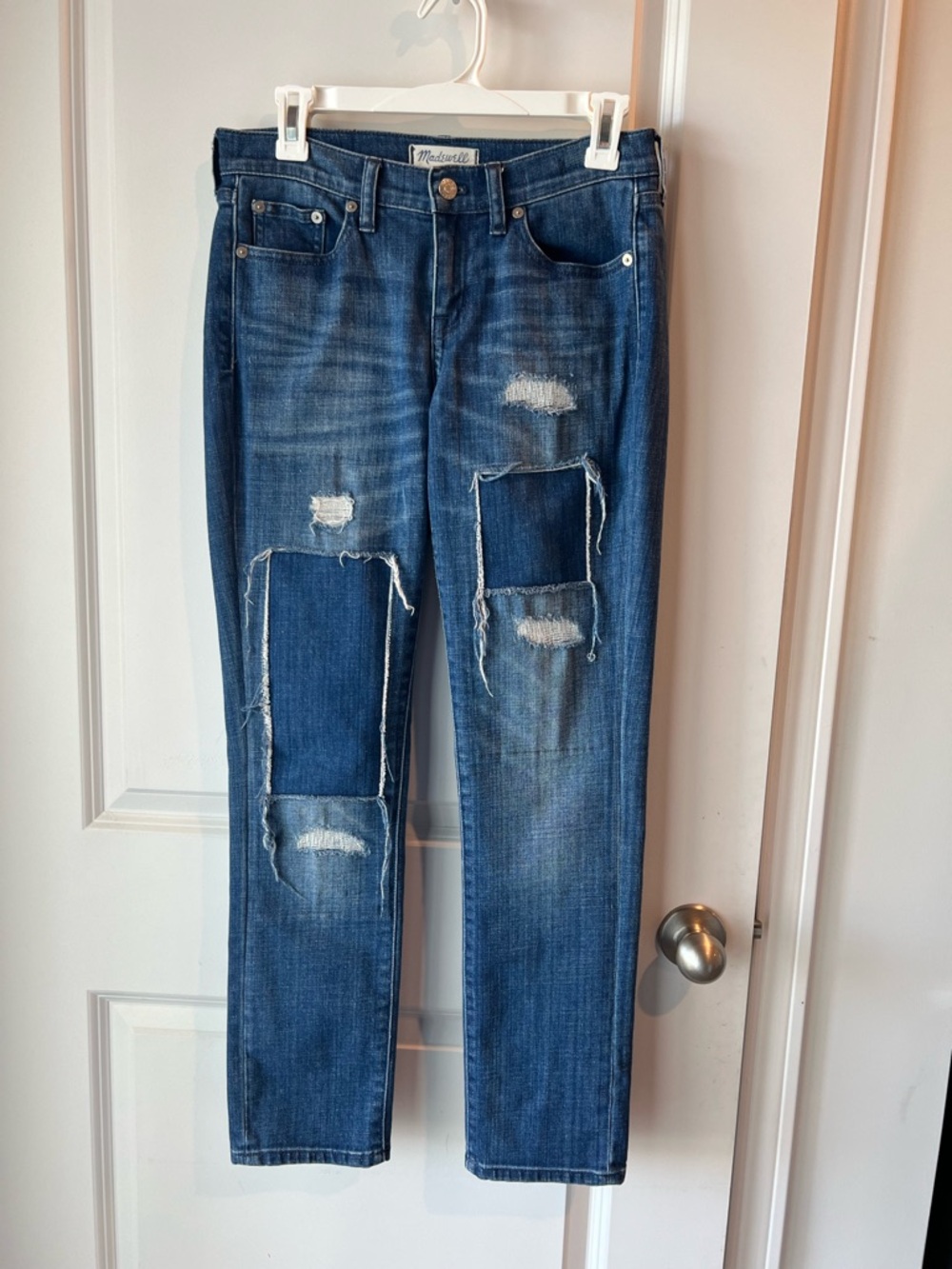 Madewell Blue Distressed Patch Straight-Leg Jeans. Waist 25